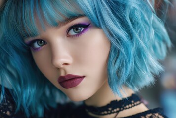 Fototapeta premium an attractive woman with blue hair, short spiky bob hairstyle, black eyeliner and dark lipstick, studio lighting, black background