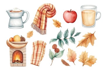 Watercolor autumn elements fireplace, hot drink, apple, leaves, scarf.