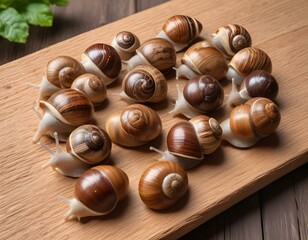 Organic farming, Agriculture, Edible snails on wooden boards. Production of snails. Snail farm. Snails are mollusks with a brown striped shell, at the stage of maturation
