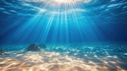 Obraz premium Underwater turquoise background with deep blue sea, light rays, and sandy floor
