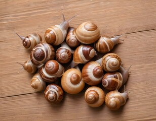 Organic farming, Agriculture, Edible snails on wooden boards. Production of snails. Snail farm. Snails are mollusks with a brown striped shell, at the stage of maturation