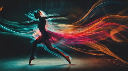 Double exposure of a dancer in motion with colorful light trails, elegant aesthetic, smooth background for quote