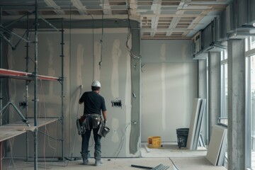 Fototapeta premium construction worker installing drywall in new building interior