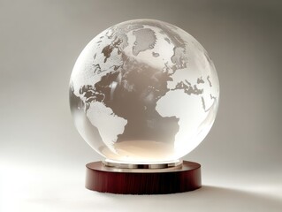 A sophisticated glass world globe frosted continents and transparent oceans, elegantly placed a polished mahogany base, softly lit by warm directional lighting