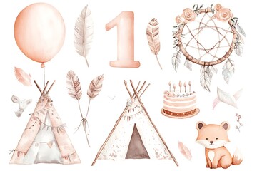 Watercolor boho first birthday elements.
