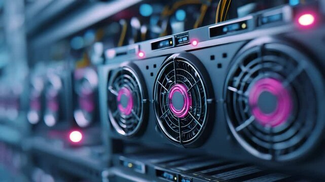 High tech crypto mining equipment showcases innovation and advanced technology digital currency startups with powerful graphics and cooling systems.