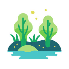 Nature Scene: Trees, Water, and Yellow Spots Illustration