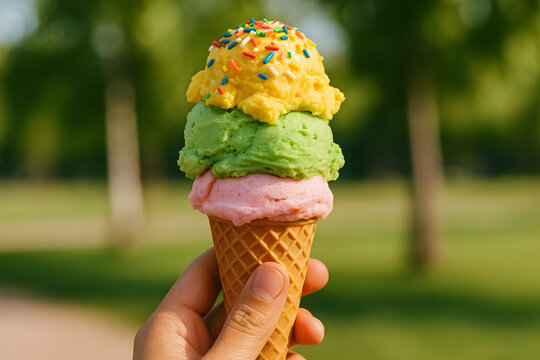 Hand holding a triple scoop ice cream cone with colorful sprinkles against a blurred green background