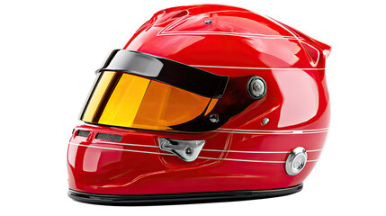 Fototapeta premium Red Racing Helmet: A close-up shot of a sleek red racing helmet with a tinted visor, designed for speed and safety on the racetrack.