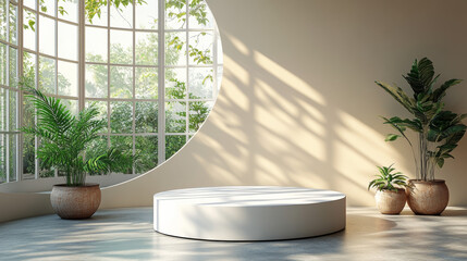 Minimal white circular podium placed near a softly lit window, used for elegant product presentation in 3D