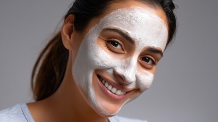 Fototapeta premium smiling woman with a face mask on, spa background slightly blurred
