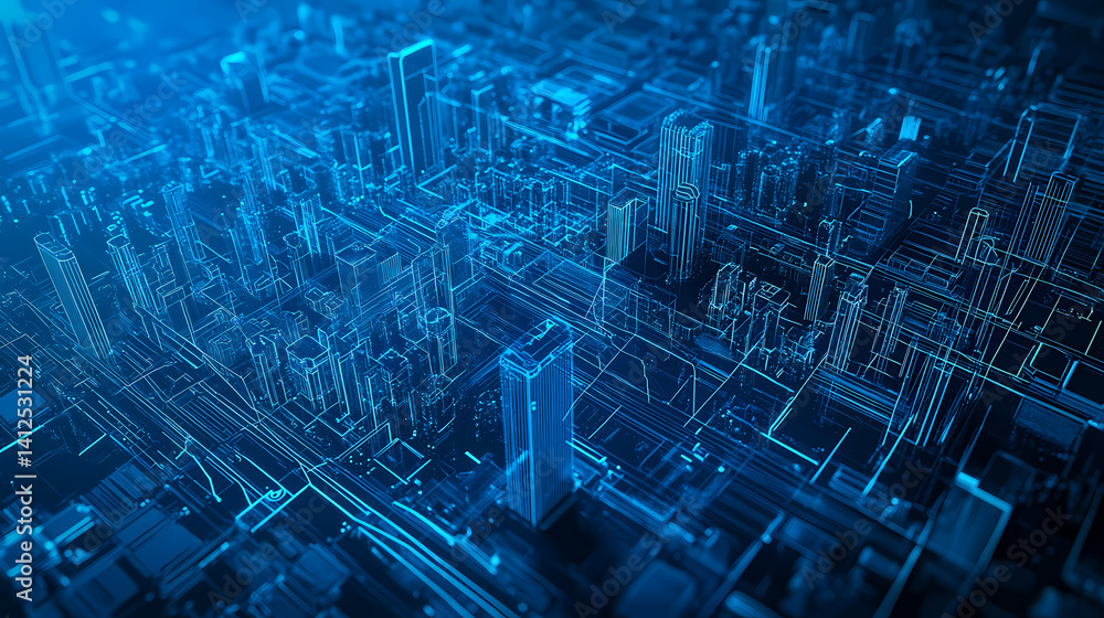 Poster digital cityscape: a mesmerizing abstract depiction of a city as a network of interconnected lines a