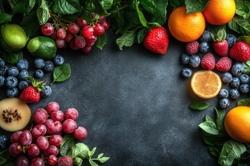 Colorful arrangement of fresh fruits and greens on dark background in a rustic kitchen setting