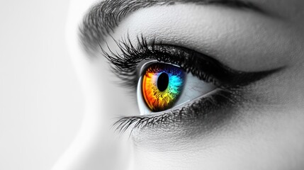 A striking close-up of a vibrant rainbow eye with intense and captivating detail