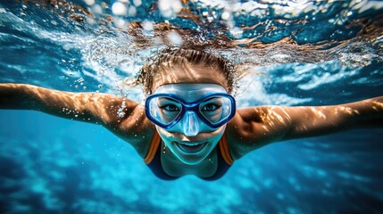 Fototapeta premium Underwater view of a fit girl swimming gracefully