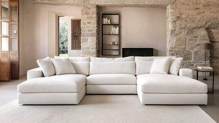 Stylish minimalist living room design featuring large comfy sofa in modern space
