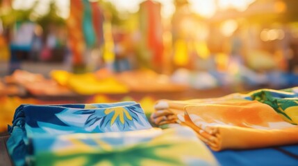 Fototapeta premium Brightly colored beach towels are arranged on a table at an outdoor market, illuminated by the warm glow of sunset