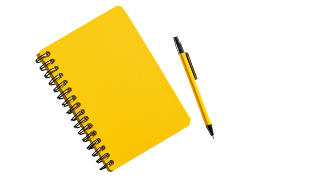 Png of A vibrant yellow spiral notebook and pen ready for notes and creativity.