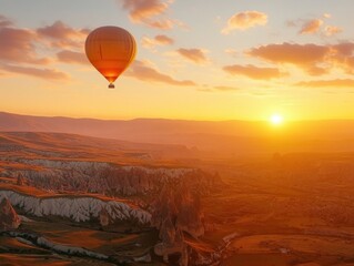 Fototapeta premium Soaring Sunset Balloonscape: A vibrant orange hot air balloon drifts gracefully through the sky during a breathtaking sunset, casting a warm, golden glow over a vast, undulating landscape.