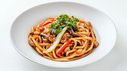 Delicious udon noodles served in white bowl, garnished with fresh herbs and colorful vegetables, creating vibrant and appetizing dish