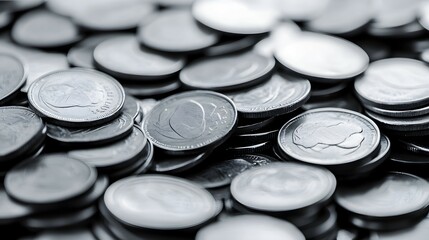 Piles of coins in a monochrome gray scale close up shot.