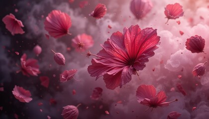 Dreamy Pink Hibiscus Petals Floating in Mist Ethereal Floral Photography