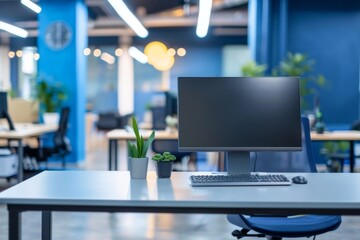 Contemporary blue office interior with abstract blur background