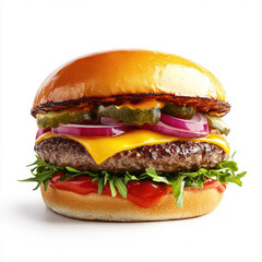 A close up shot of a burger with cheese, pickles, onions, and greens on a white background