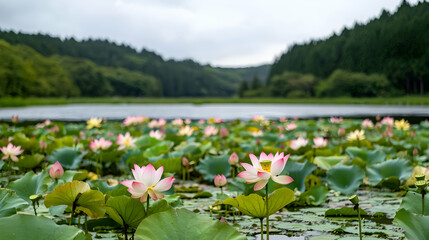 Pink Lotus Flowers Blooming In Pond
