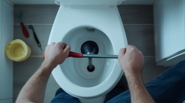Plumber fixing a clogged toilet with a plunger. Featuring problem-solving and quick response - Powered by Adobe
