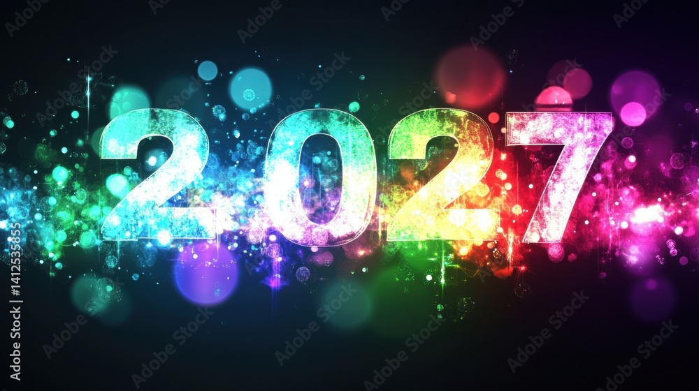 Poster bright and colorful design showcasing the year 2027 surrounded by sparkling lights and abstract patt
