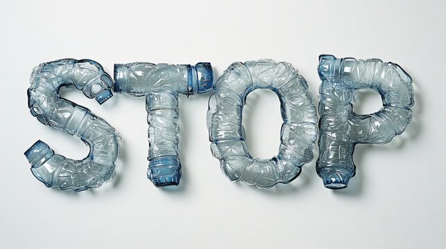 Creative Message Made with Recycled Plastic Bottles Saying Stop
