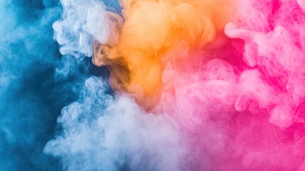 Vibrant clouds of blue, orange, pink, and white smoke swirl together, creating a stunning visual effect against a dark background