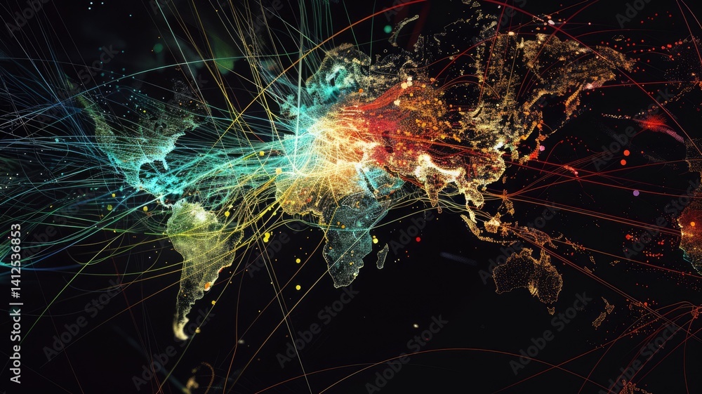 Poster this abstract visualization showcases critical network connections across the globe, featuring vibra