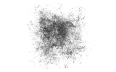 Black particles explosion isolated on white background. Abstract dust overlay texture. Freeze motion of black dust explosion isolated on white background