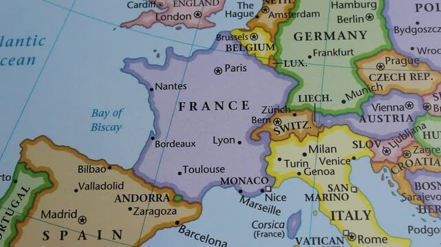 close up of the country of France viewed on a wold map as a travel concept. France on a map. Political map of France 
