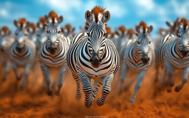 Fototapeta premium A Majestic Zebra Herd Running Through the African Savanna