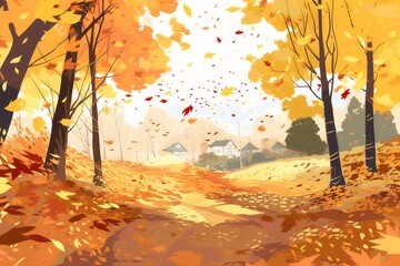鮮やかな秋の風景 金色に輝く木々と落ち葉の舞う小道 自然の美しさを感じる風景画