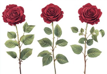 Beautiful Red Roses with Green Leaves on White Background
