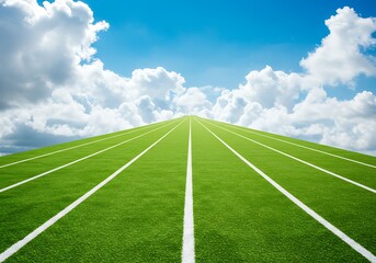 Obraz premium Athletic Field Rises to the Sky on Sunny Day, Showcasing Green Turf and White Lines in a Motivational Landscape with Fluffy Clouds and a Bright Blue Horizon