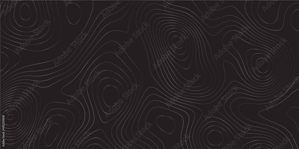 Poster Abstract white on black background Topographic line map pattern. Modern Abstract Design Concept Elegant Black Beautiful Topo Wallpaper Design illustration for art, fabric, packaging, web, banner.	