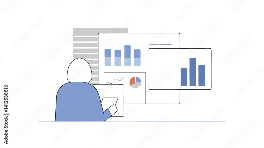 Poster analyst reviewing graphs in minimalist style on white background