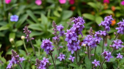 Obraz premium Delicate purple flowers in Helictotrichon flowerbed, garden, foliage, flowers
