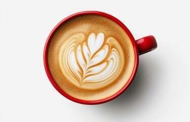 Beautiful Latte Art in Red Coffee Mug on Light Background