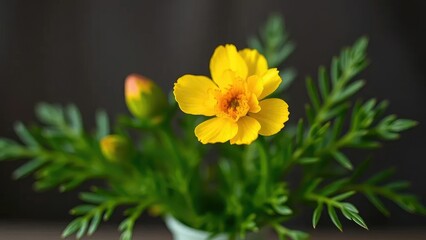 Fototapeta premium Delicate single yellow carnation in a small vase with lush greenery, fresh cut, spring, greenery