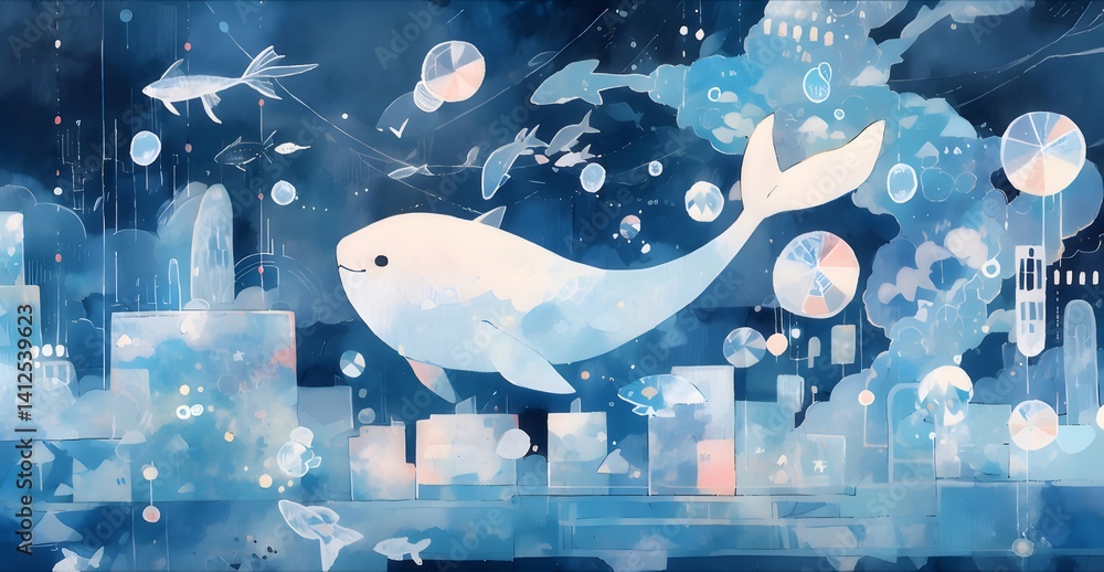 Poster 青い空と海を背景にクジラが泳ぐ水彩画風ピクセルアートの風景イラスト