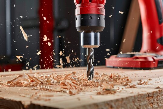Drill working on wooden plank diy woodworking power tool close-up
