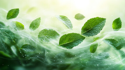 Vivid green air swirl with flying mint leaves on white, crafted as a fresh design for product advertising