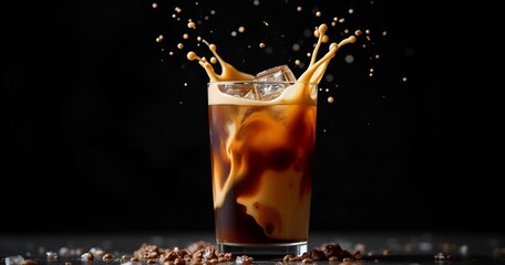 Iced Coffee Splash on Black Background