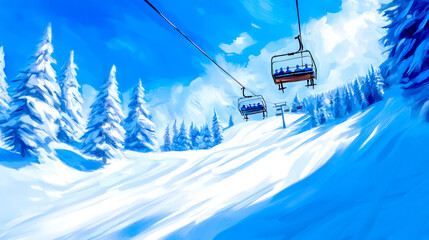 Ski lift carrying skiers over snowy valley on sunny day